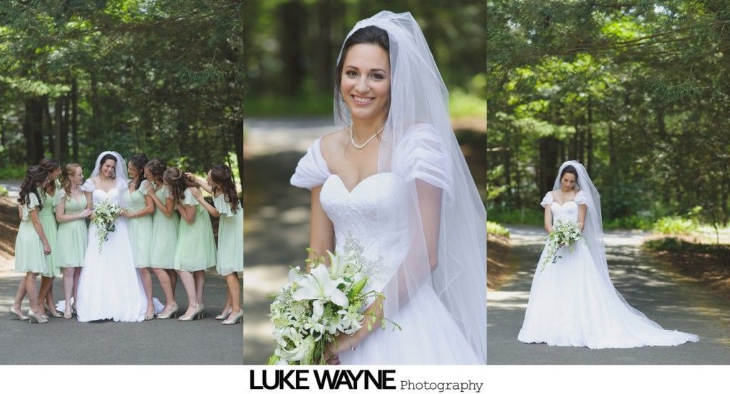 Wedding triptych: Bride in white gown with veil, bridesmaids in mint dresses. Outdoor setting, holding bouquets.