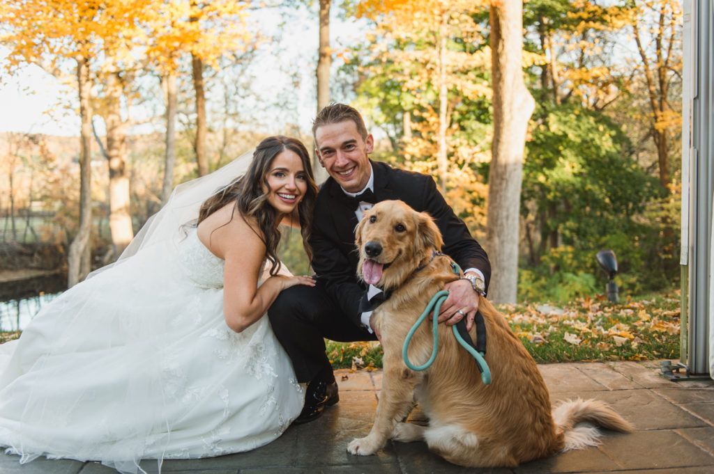 Bride and groom with golden retriever, posed outdoors. Bride wears white dress and veil, groom in tuxedo, dog on leash.
