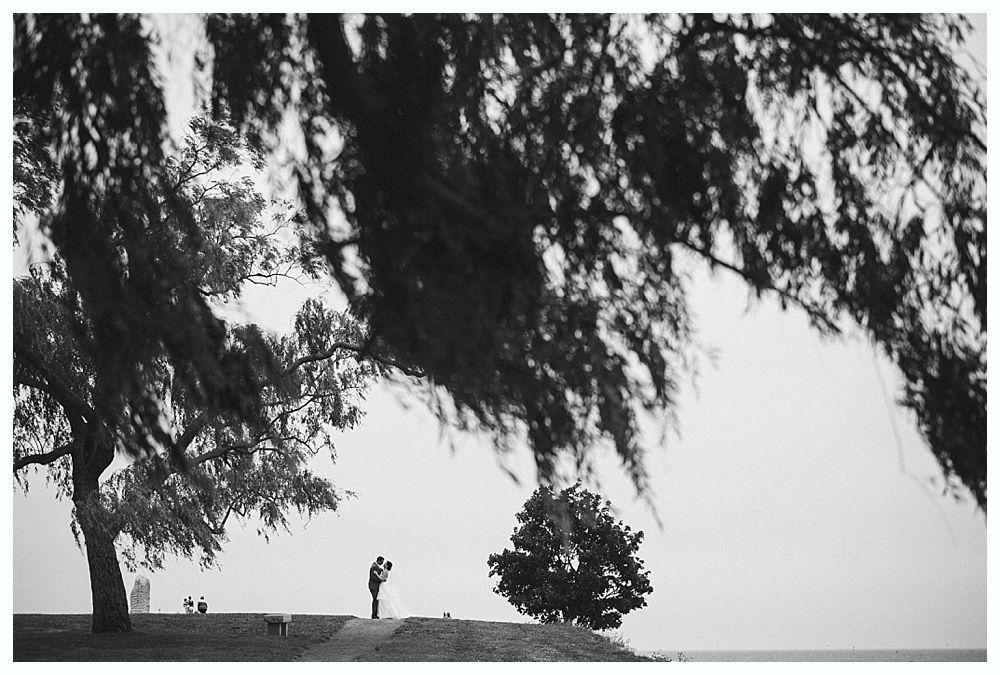Couple standing on a grassy hill; trees frame the background, and branches are blowing in the wind.