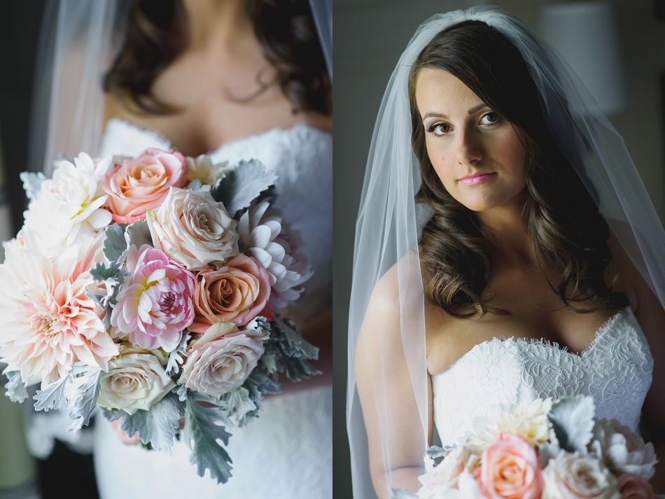 Bride holding a bouquet of peach and pink flowers, wearing a strapless white wedding dress and veil.
