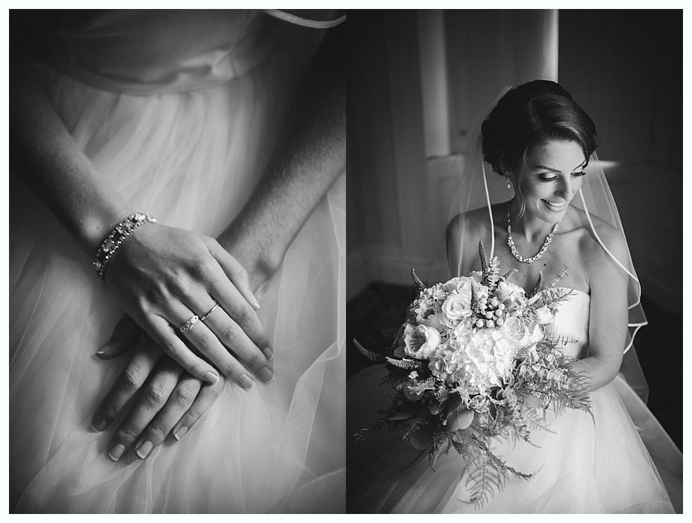 Bride in wedding dress, holding bouquet, smiling. Hands with bracelet and ring, resting.