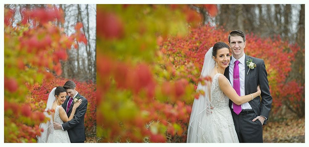 A couple embraces in front of red and yellow fall foliage; the bride wears a white dress and veil; the groom wears a gray suit and a purple tie.