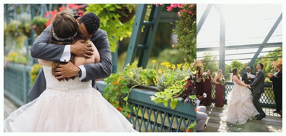 Wedding photos: Couple embracing on a bridge; dancing on a deck with wedding party.