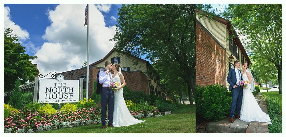 Wedding photos at a venue. A couple poses in front of the building, sign says 