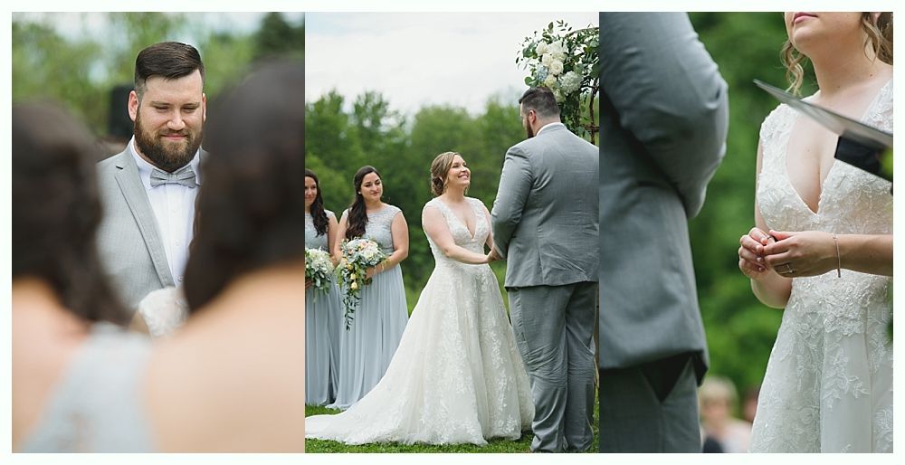 Wedding ceremony: couple exchanging vows outdoors, flanked by wedding party, greenery backdrop.