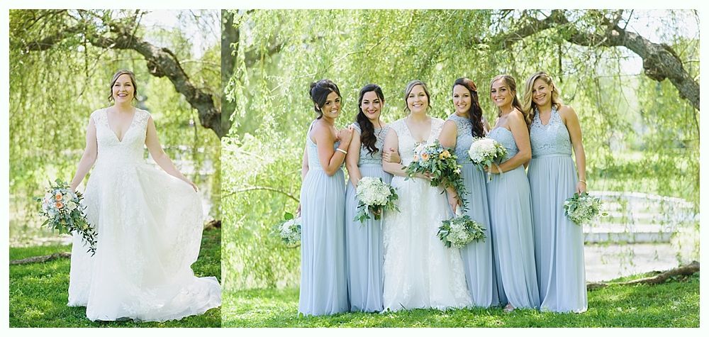 Bride in white dress with bridesmaids in blue dresses; outdoor wedding.