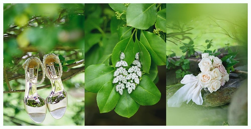 Wedding details: shoes on branch, earrings on leaves, bouquet on stone. Green and white.