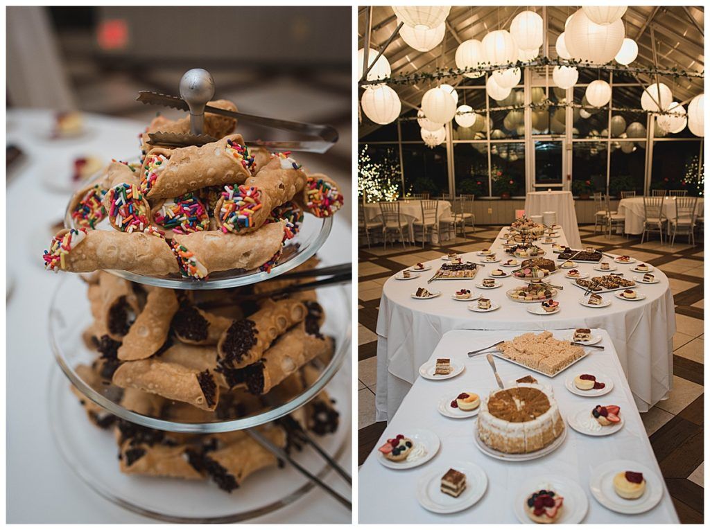 Two dessert displays: tiered cannoli stand and cake table with various treats.
