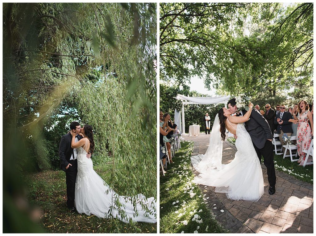 Wedding couple kissing under weeping willow and at ceremony, both with long train dresses.
