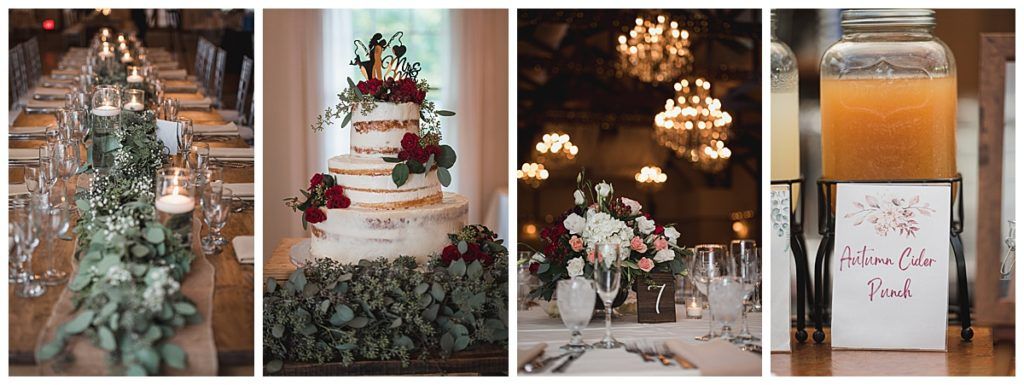 Wedding decor: long table, tiered cake, floral arrangements, beverage jar, and signage.