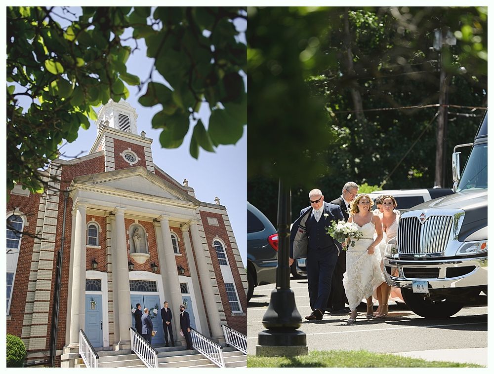 Wedding ceremony: Bride exits vehicle, enters building. Exterior of church.