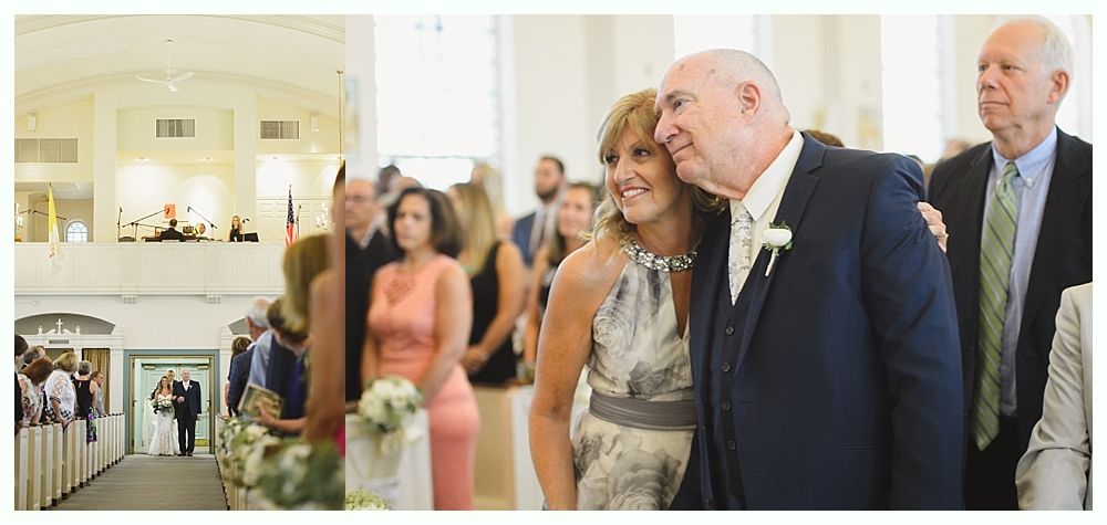 Wedding ceremony: Father hugs a woman; bride walking down the aisle; guests at the church.