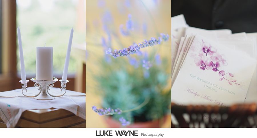Triptych: candles on table, lavender flowers, and programs with floral design in basket.