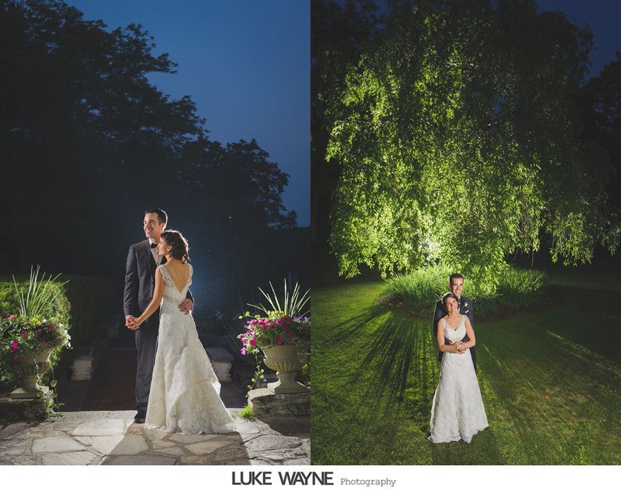 Wedding couple at night, two scenes. Left, couple on stone patio, looking at each other. Right, couple under lit tree.