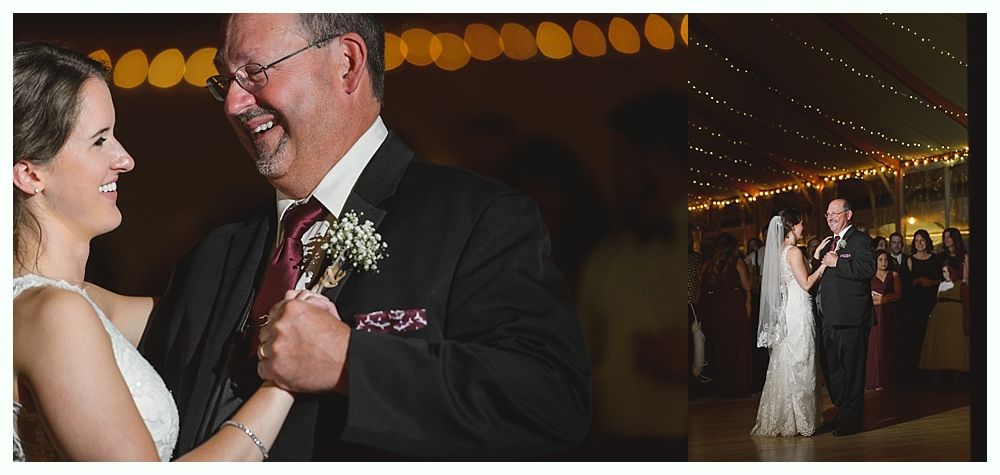 Bride dancing with her father at wedding reception. String lights and smiling faces.