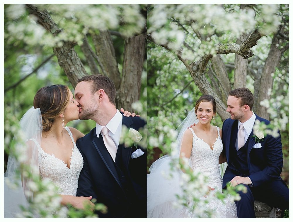 Bride and groom kissing, seated beneath a flowering tree; bride in white gown, groom in navy suit.