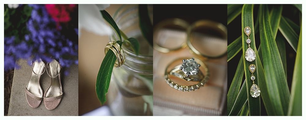 Wedding rings, earrings, and shoes, with flowers and greenery.