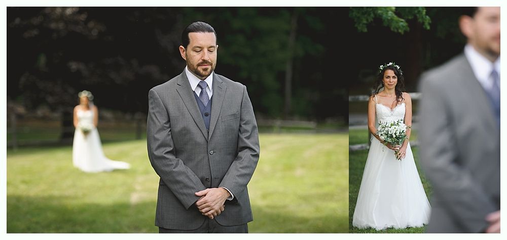 Groom waiting for bride during first look at outdoor wedding ceremony.