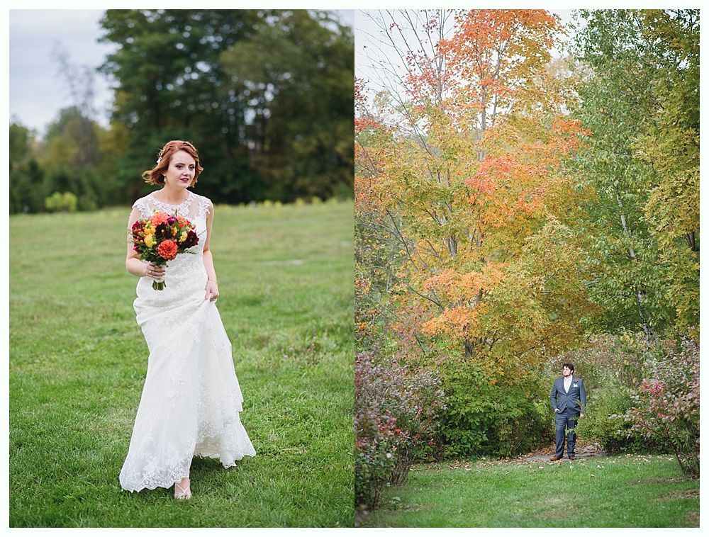 Bride in lace gown holding bouquet in a field; groom in a suit under autumn trees.