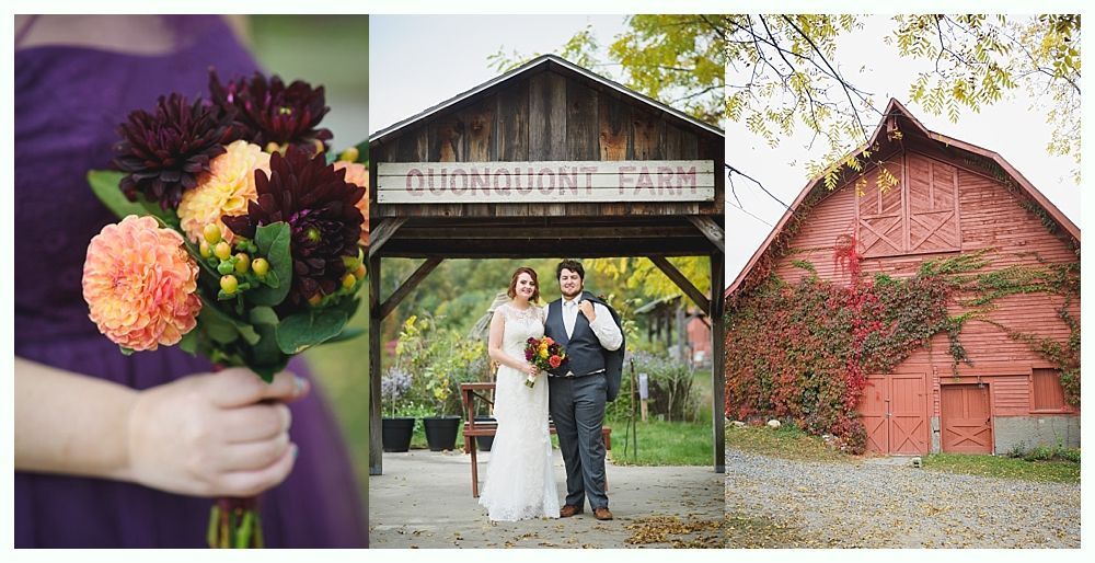 Wedding bouquet, couple at farm entrance, red barn with foliage.