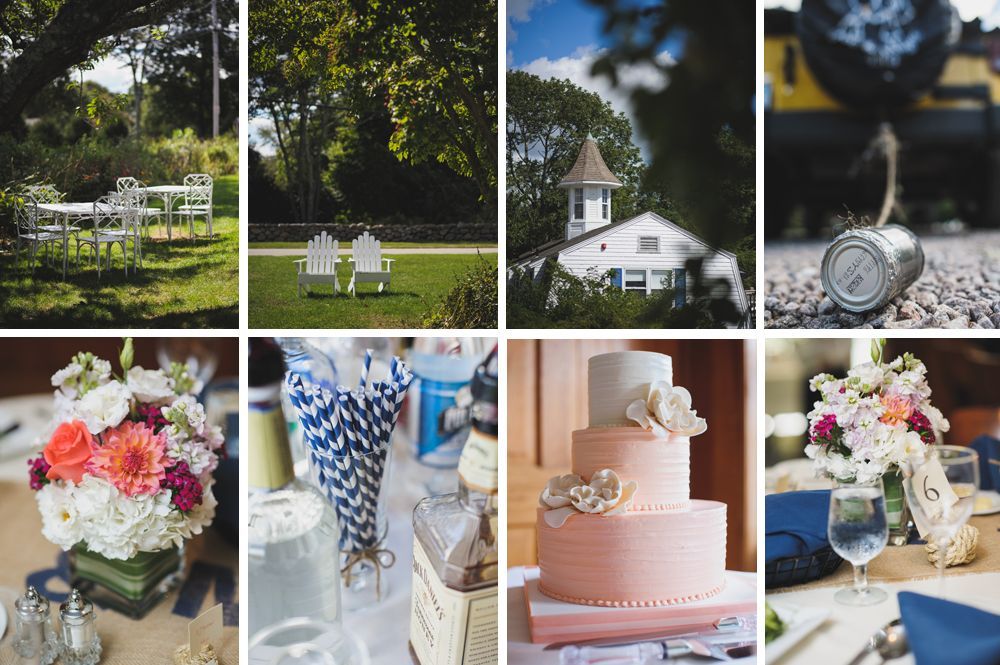 Collage of wedding scenes: outdoor dining, white chairs, a white building, an empty can, floral centerpieces, cake, decorated tables.