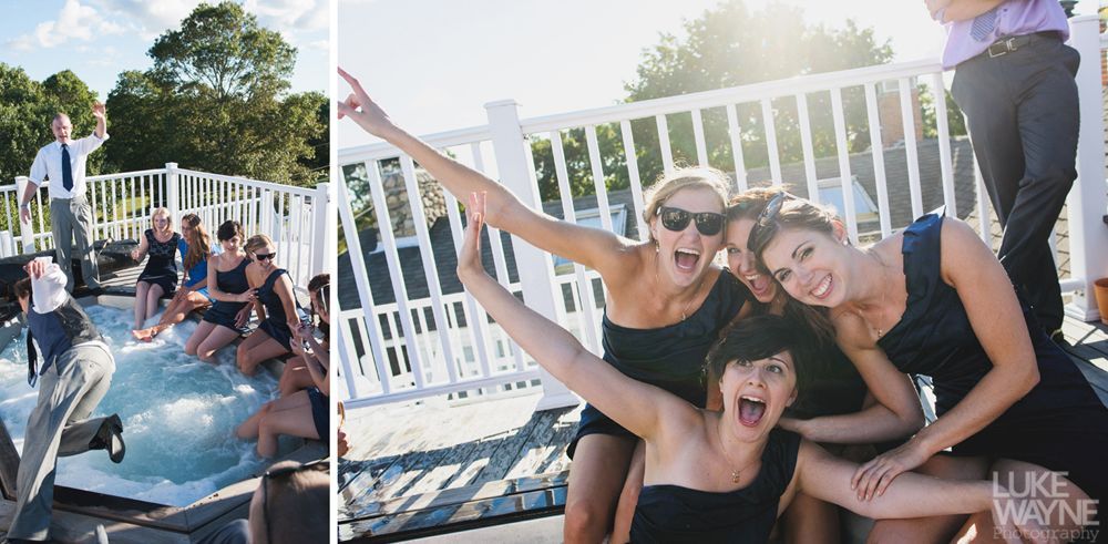 People celebrating a wedding, some in a hot tub, others posing on a deck, with excited expressions.