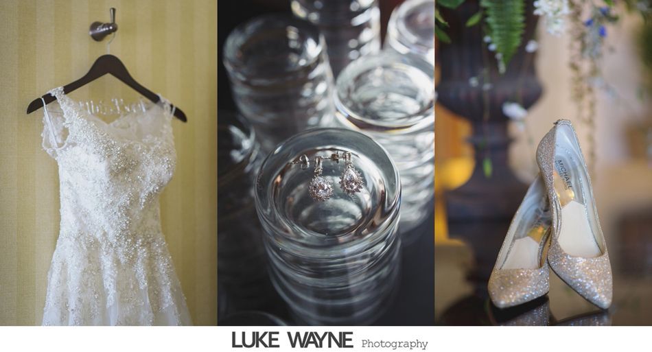 Wedding dress, rings in glasses, and sparkly shoes; wedding day details.
