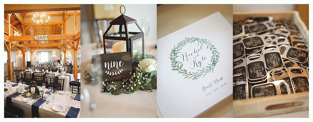 Wedding reception details: barn, table settings, lantern centerpiece, menu, favors.