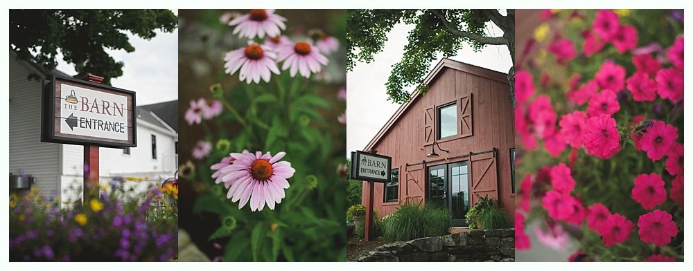 Four photos: sign for “Karn” business, pink flowers, red barn, more pink flowers.