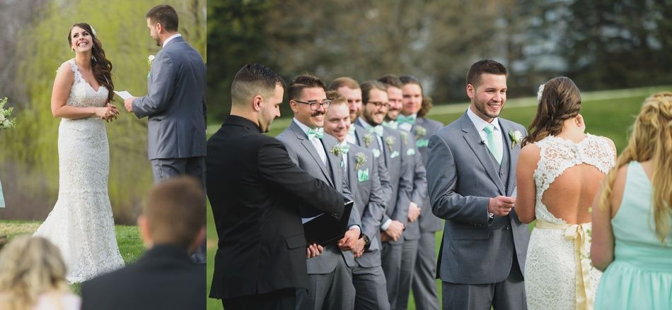 Wedding ceremony: Bride and groom exchanging vows, groomsmen in gray suits, outdoor setting.