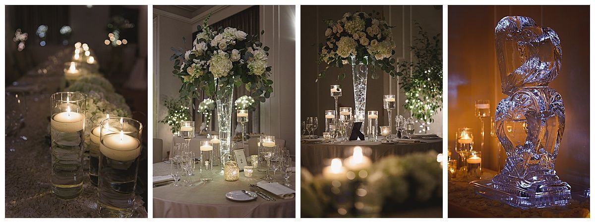 Four wedding table settings with candles and floral arrangements.