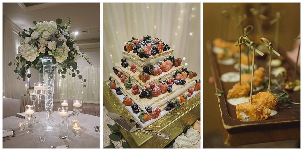 Wedding reception with floral centerpiece, tiered cake, and appetizers.