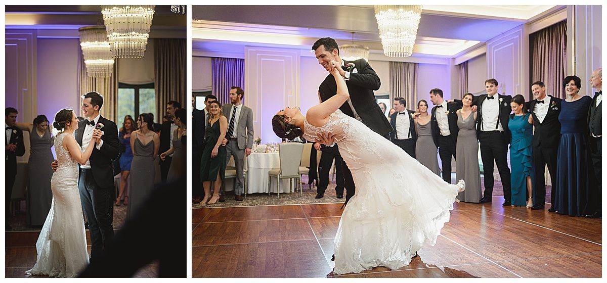 Wedding couple exits the Delamar Hotel. The bride raises her arm, smiling. The groom holds her hand.