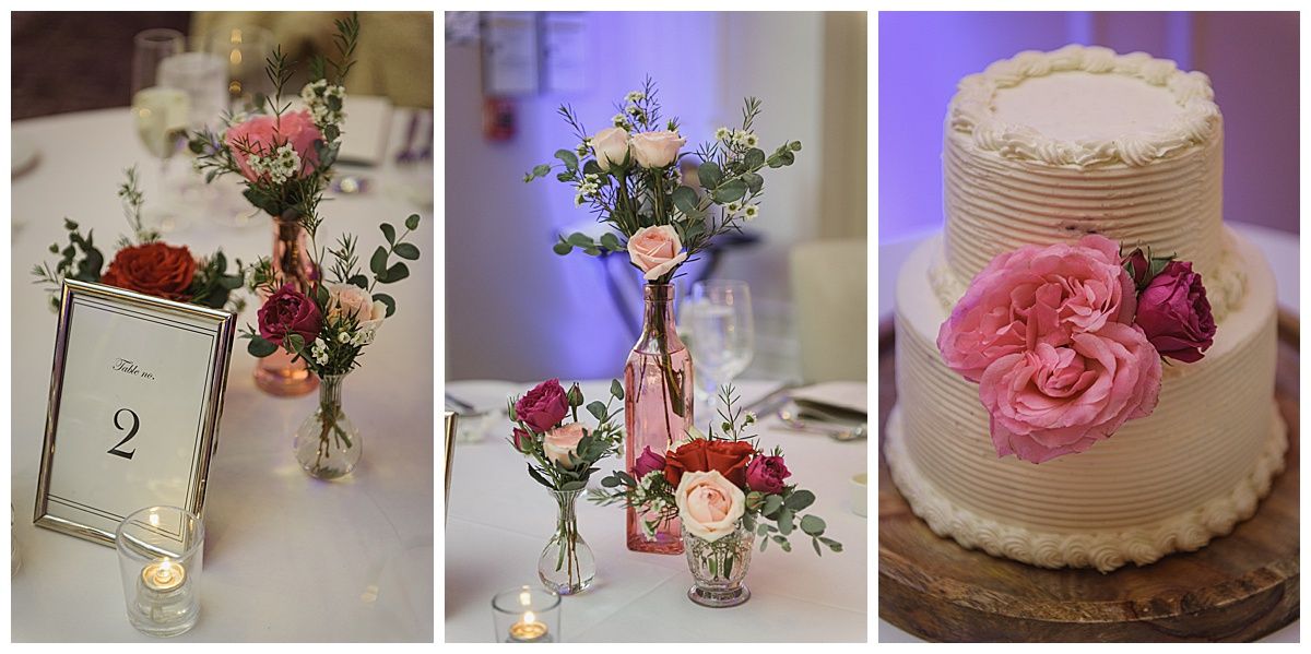 Wedding decor: table setting with floral arrangements and cake.