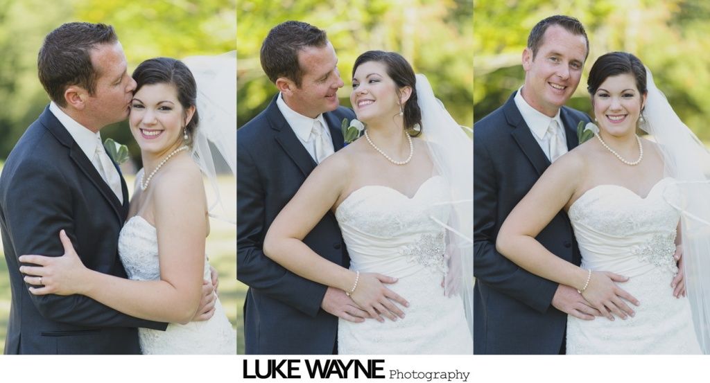 Wedding photos: Couple, smiling, in formal attire. Groom kisses bride's cheek. Outdoors with greenery.