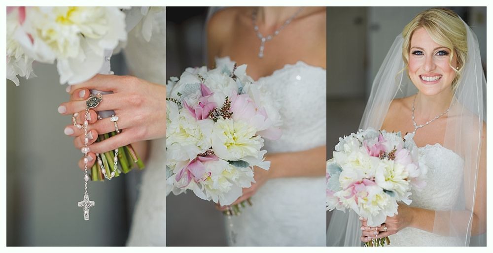 Bride with arms up, making a funny face, groom looking at his hand, cake cutting in background.