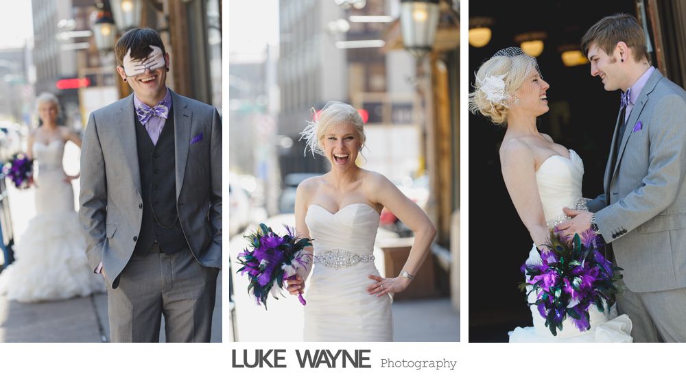 Wedding triptych: Bride and groom with purple accents, posing on a city street and doorway, smiling.