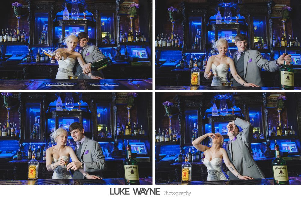 Four-panel photo of a couple at a bar. They pose with a whiskey bottle, with varying expressions: happy, playful, and drinking.