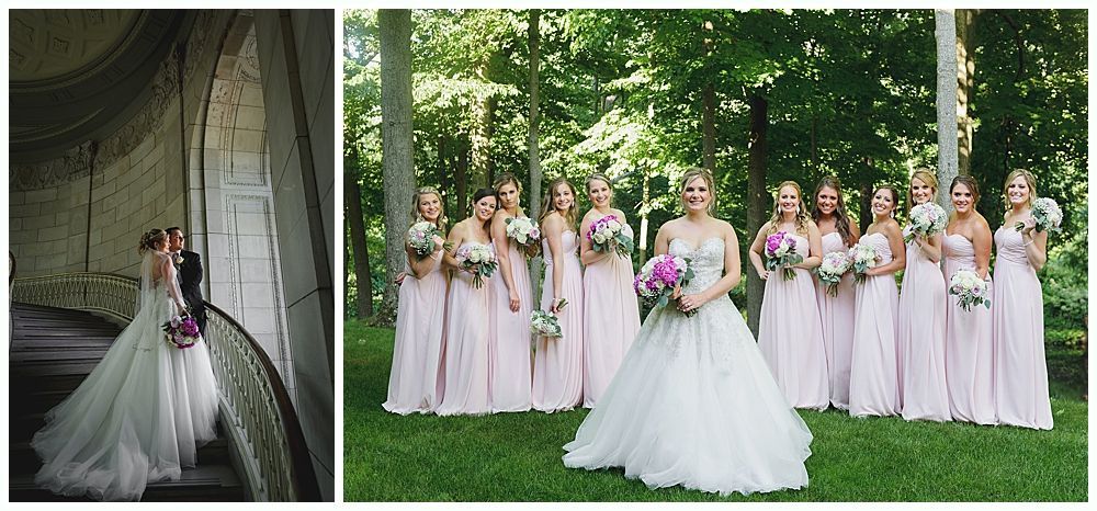 Wedding photos of a bride and bridesmaids in a lush outdoor setting, with soft pink gowns and bouquets.