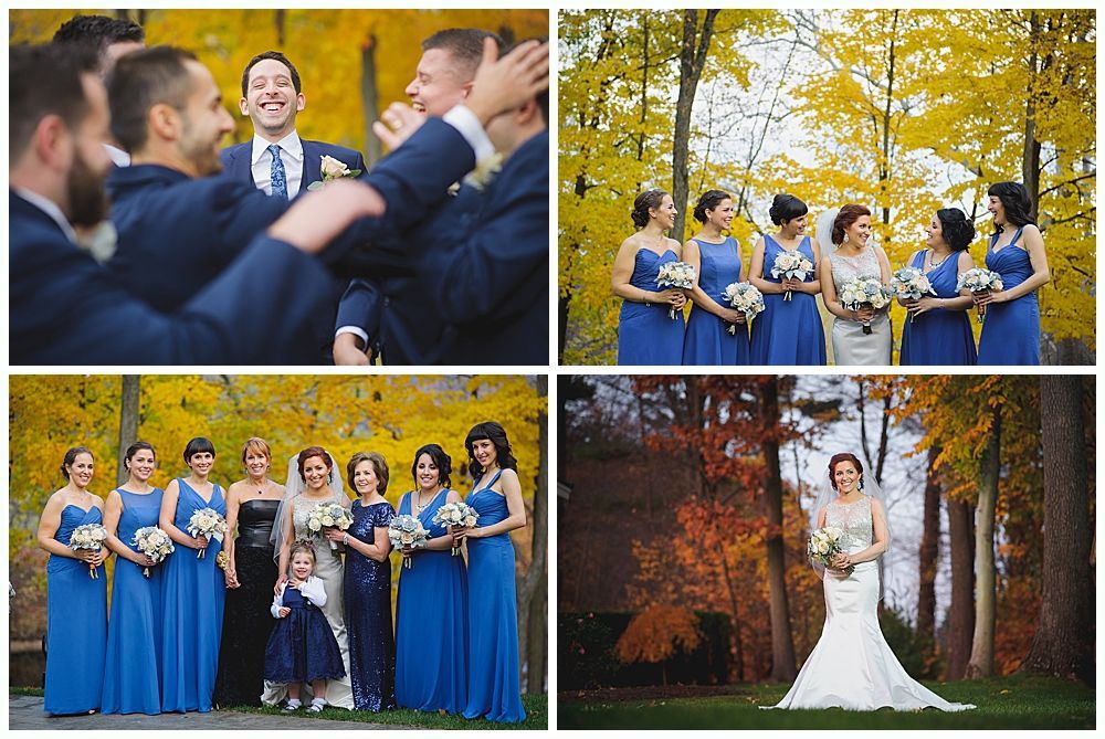 Wedding photos: Groom with groomsmen, bridesmaids in blue dresses, bride posing in front of fall foliage.