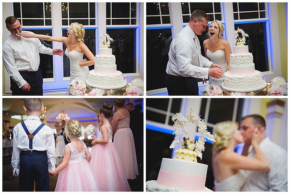 Wedding photos: Couple cuts cake, kisses; bridesmaids, flower girl, and a boy with suspenders stand by.
