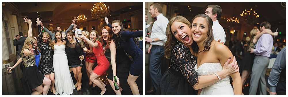 Wedding reception: People dancing and celebrating joyfully. One woman hugs the bride, others pose and laugh.