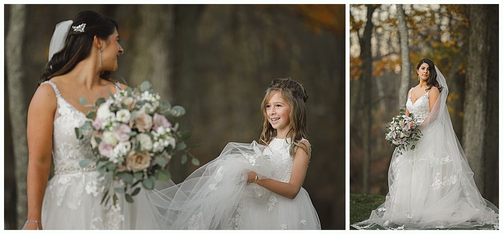 Bride and flower girl in white dresses, holding bouquets, with a forest backdrop.