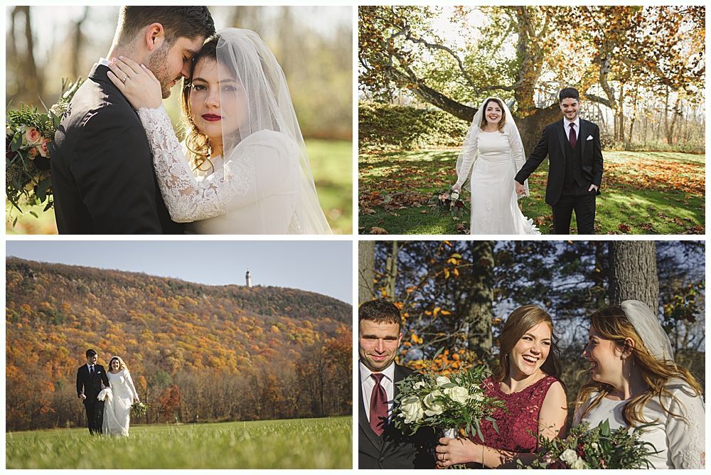 Four wedding photos: Couples in outdoor settings, autumnal colors, holding hands, smiling.