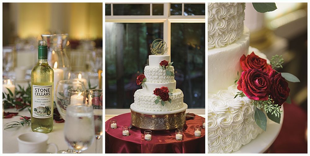 Wedding details: wine bottle, tiered cake with red roses, table setting.