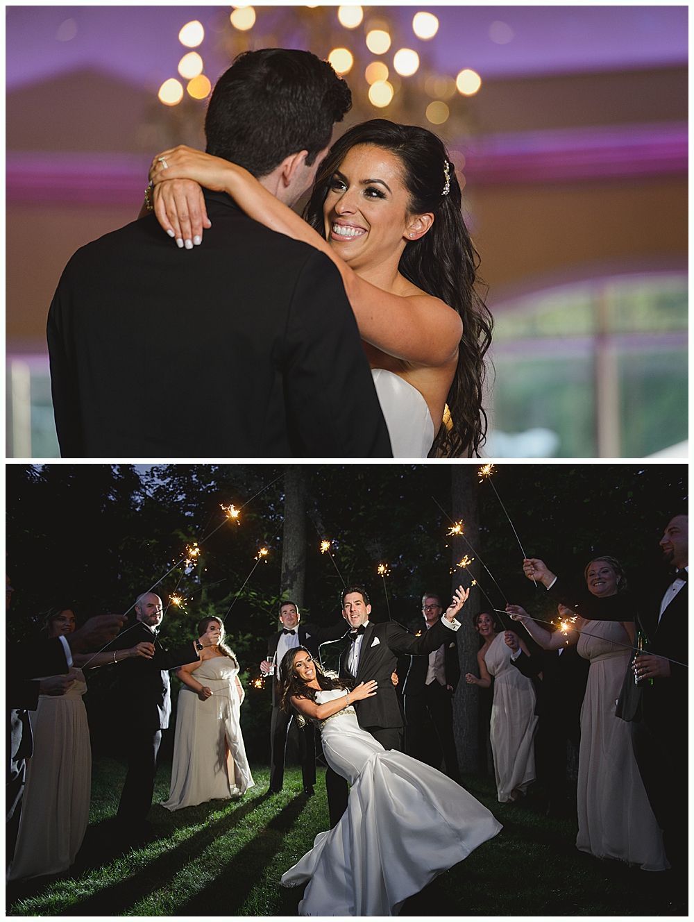 Bride and groom dancing, smiling. Wedding sparkler exit at night.