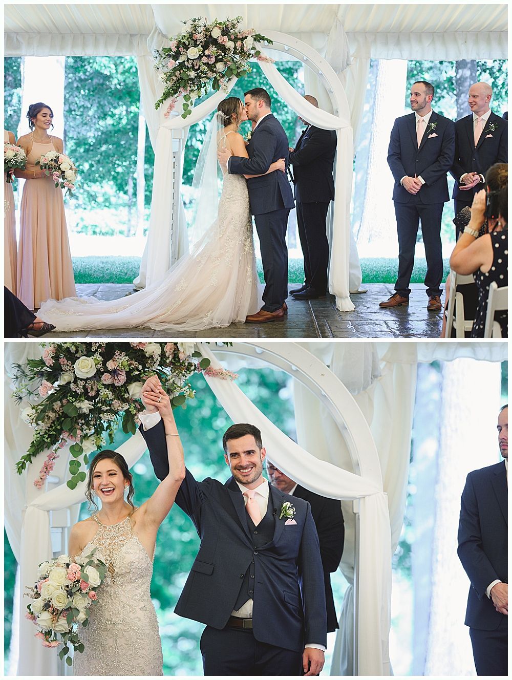 Wedding ceremony: couple kissing under floral arch; woman in white dress; man in blue suit.