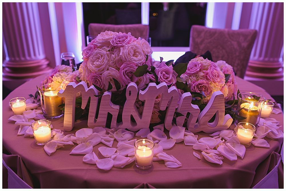 A wedding reception table with 