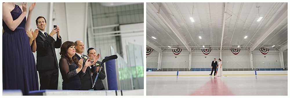 Wedding ceremony at an ice rink. Guests clap, bride and groom stand on the ice.