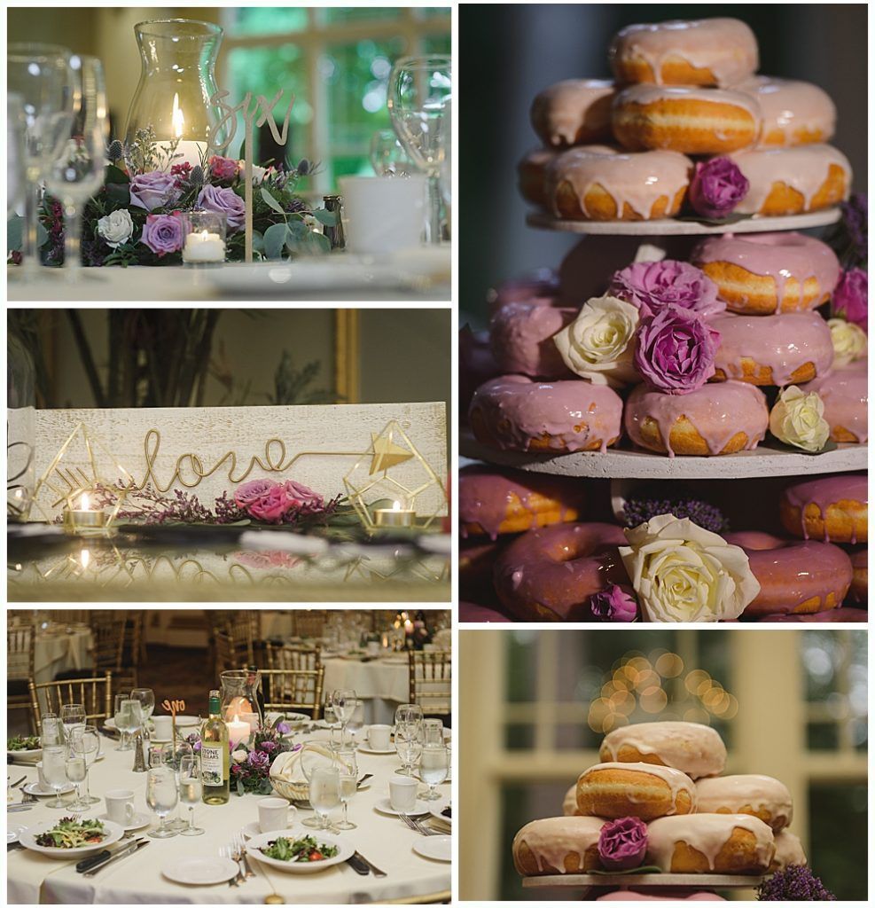 Collage of wedding table settings: floral centerpieces, donut cake, candles, and 